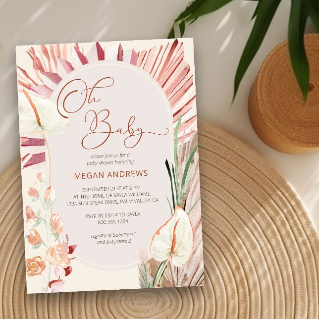 Boho Palm Oh Baby Dried Foliage Rustic Baby Shower Invitation (Neutral Baby Shower Invitation with boho palm leaves)