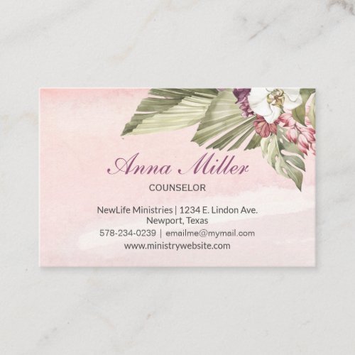 Boho Palm Orchid Gentle Pink Counseling Ministry Business Card