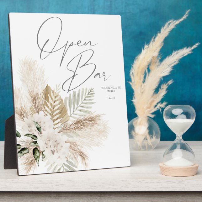 Boho Palm Pampas & Beige Floral Open Bar Sign 2  Plaque (Side)
