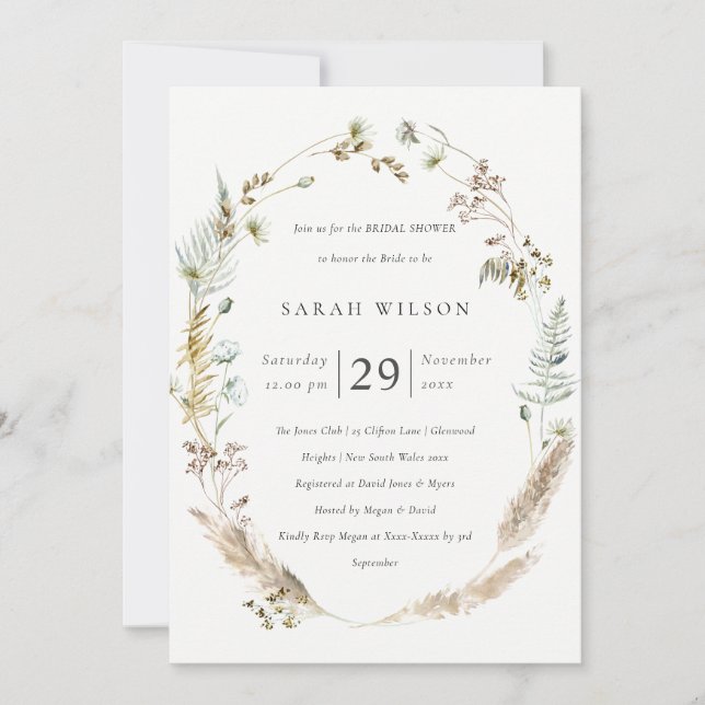 Boho Palm Pampas Grass Floral Bridal Shower Invite (Front)