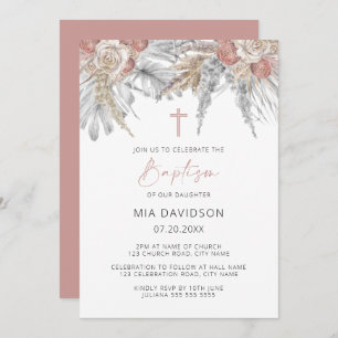 Boho Palm Pink Pampas Grass Floral Baptism Invitation