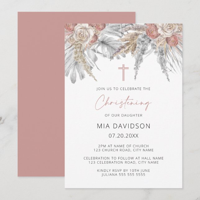 Boho Palm Pink Pampas Grass Floral Christening Invitation (Front/Back)