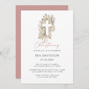 Boho Palm Pink Watercolor Floral Cross Christening Invitation