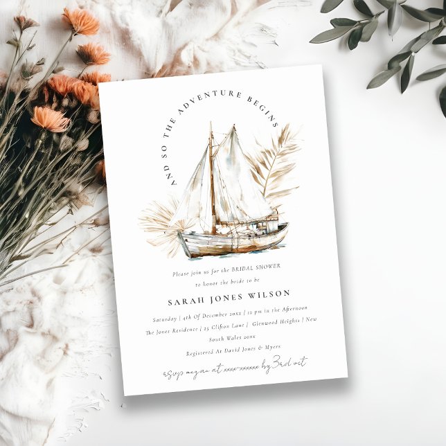 Boho Palm Sailboat Seascape Bridal Shower Invitation (Creator Uploaded)