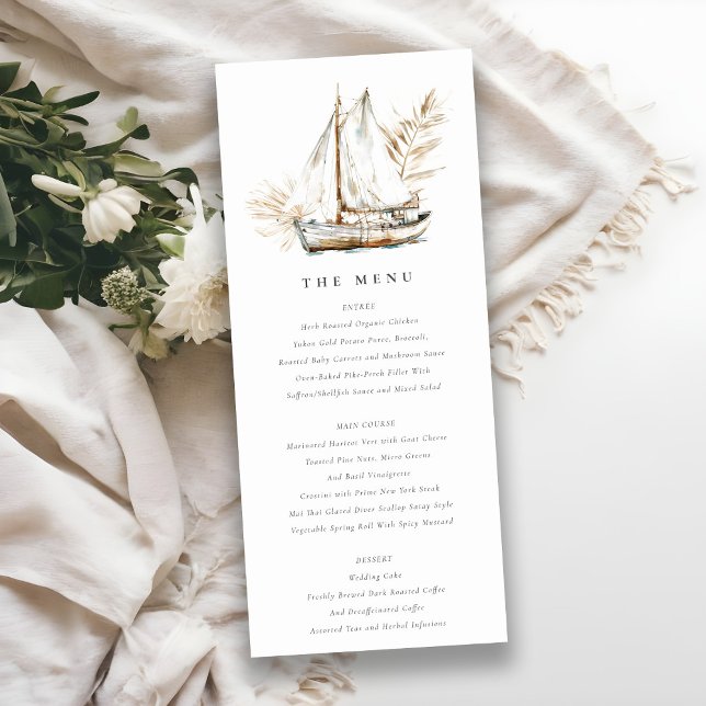 Boho Palm Sailboat Seascape Wedding Menu Card (Creator Uploaded)