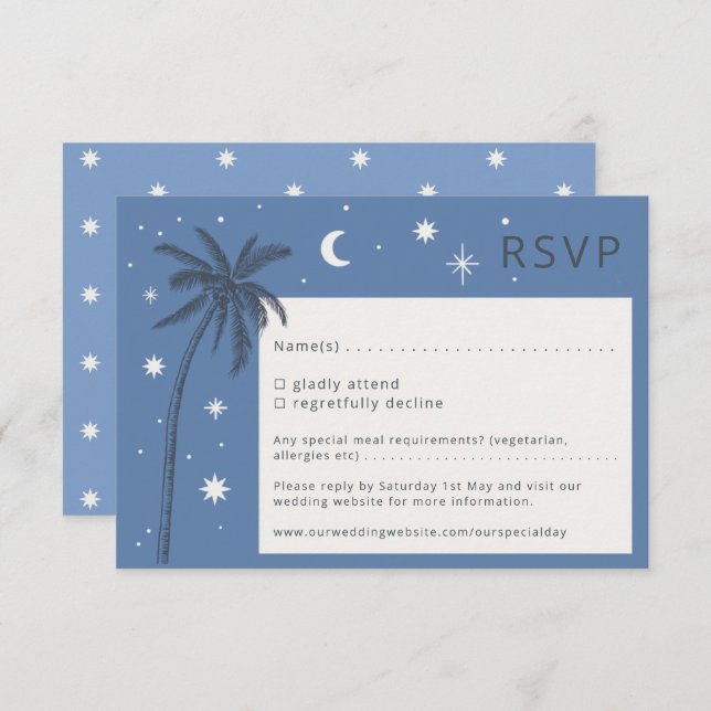 Boho Palm Springs Blue Wedding RSVP card (Front/Back)