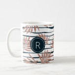 Boho Palm Stripe Pattern Monogram Coffee Mug<br><div class="desc">Rustic earthy tropical palm leaf and stripe pattern,  monogram coffee mug with round monogram in coordinating dark navy blue.</div>