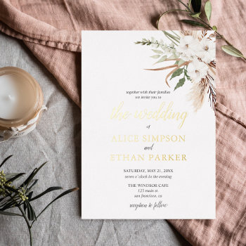 Boho Pampa Grass White Flowers Wedding Foil Invitation by CrispinStore at Zazzle