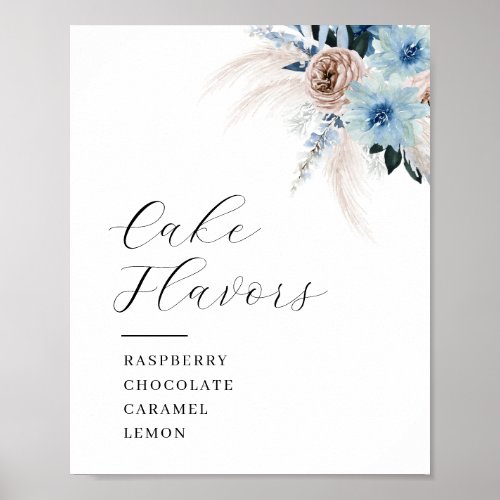 Boho pampas and blue floral Cake flavors sign