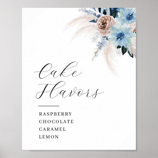 Boho pampas and blue floral Cake flavors sign (Front)