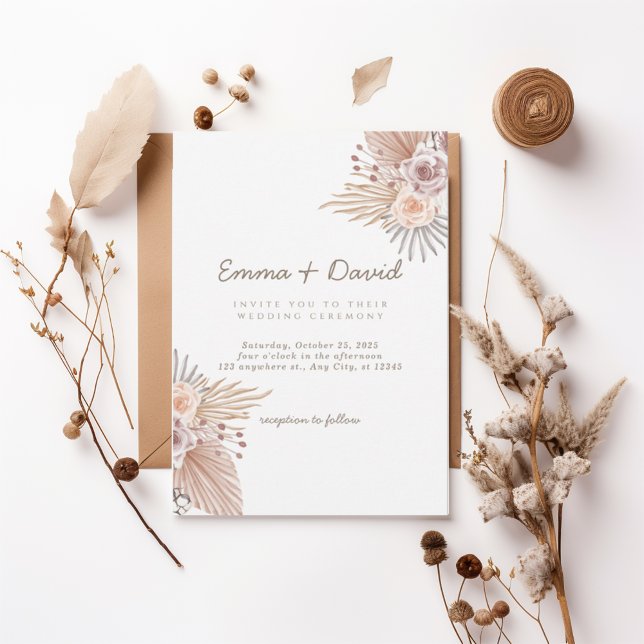Boho Pampas and Blush Rose Wedding Invitation (Creator Uploaded)