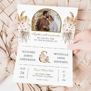 Boho Pampas Arch Photo All in One QR Code Wedding Invitation
