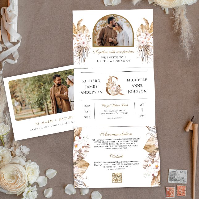 Boho Pampas Arch Photo All in One QR Code Wedding Tri-Fold Invitation (Creator Uploaded)