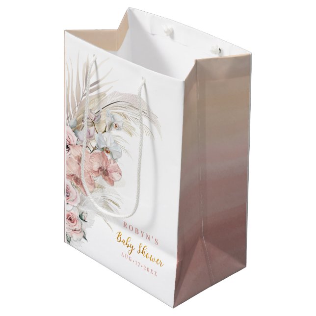Boho Pampas Baby Shower Gift Bag Pink Girl (Front Angled)