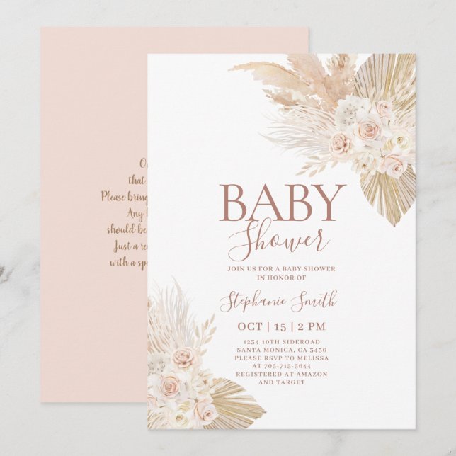 Boho Pampas Baby Shower Girl Invitation (Front/Back)