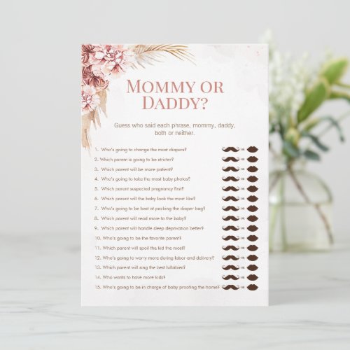 Boho Pampas Baby Shower Mommy Daddy Game Card
