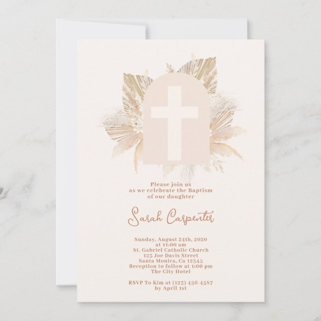 Boho Pampas Baptism girl invitation (Front)