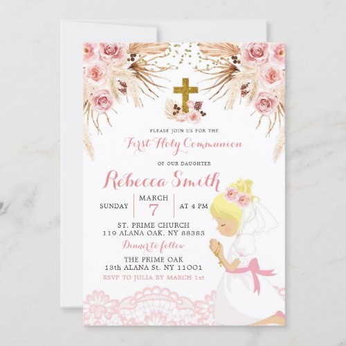 Boho Pampas Blonde Girl First Communion Invitation