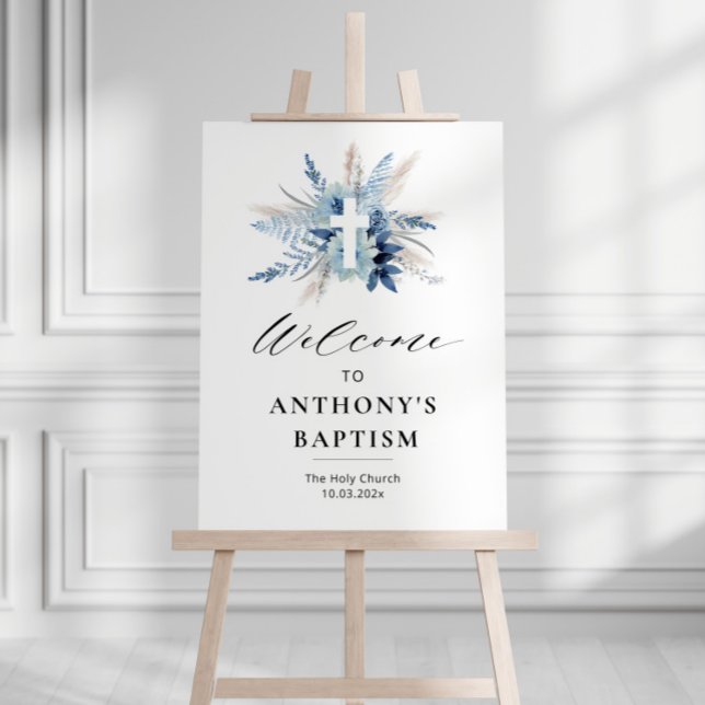 boho pampas blue floral baptism welcome sign (Creator Uploaded)