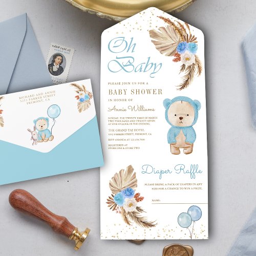 Boho Pampas Blue Floral Teddy Bear Baby Shower All In One Invitation