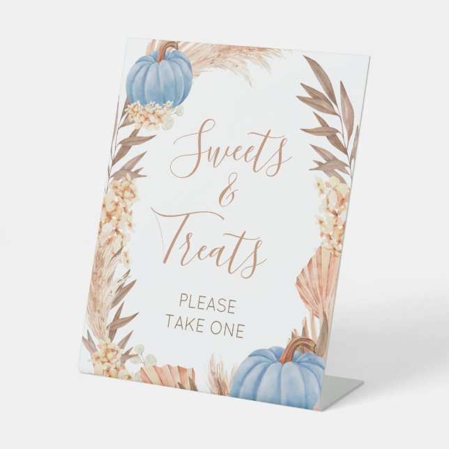 Boho Pampas blue Pumpkin Sweets & Treats Pedestal Sign (Front)