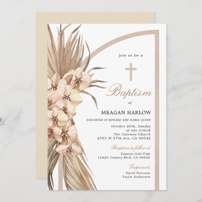 Boho Pampas Bohemian Baptism Celebration Invitation (Front/Back)