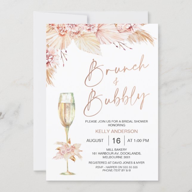 Boho Pampas Brunch Bubbly Bridal Shower Invitation (Front)