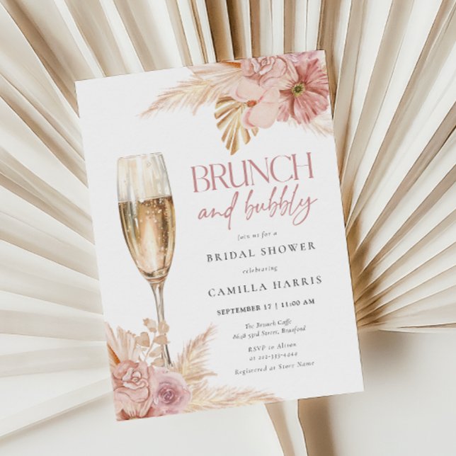 Boho Pampas Brunch Bubbly Bridal Shower Invitation (Creator Uploaded)