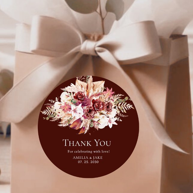 Boho Pampas Burgundy Floral Round Wedding  Classic Round Sticker (Creator Uploaded)