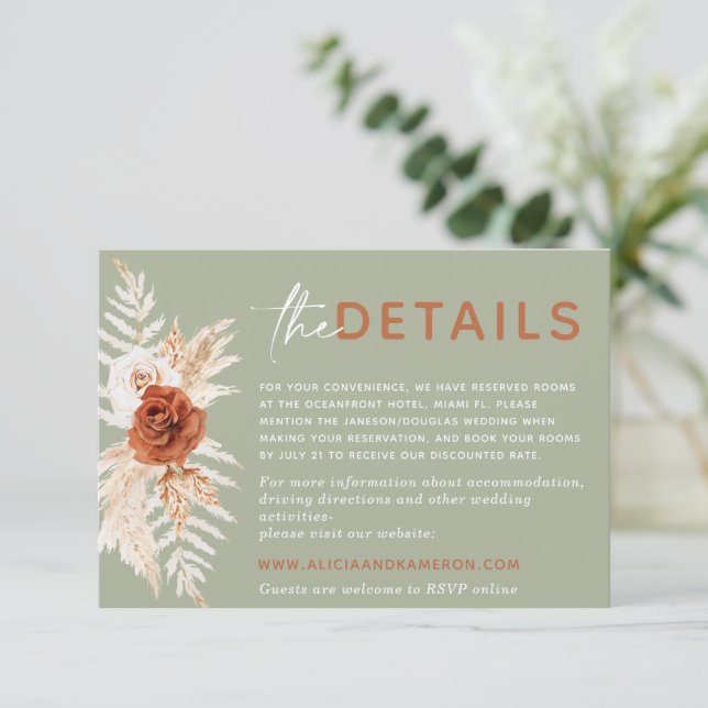 Boho Pampas Burnt Orange Wedding Details Card (Standing Front)