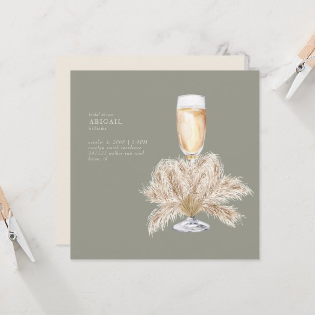 Boho Pampas Champagne Sage/Cream Square Bridal II Invitation (Front/Back In Situ)