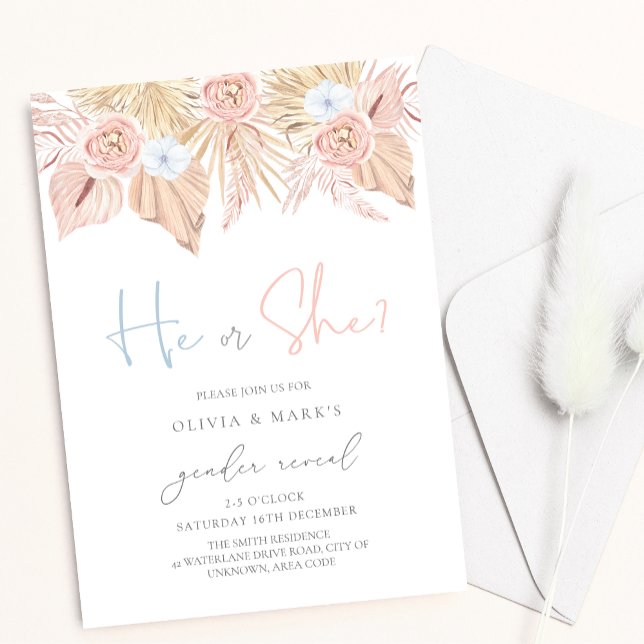 Boho Pampas Dried Floral Baby Gender Reveal Invitation (Creator Uploaded)