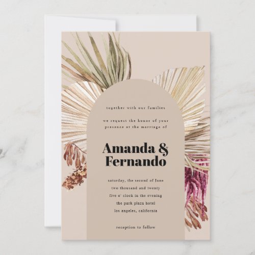 Boho Pampas Dried Leaves Desert Arch Wedding  Invitation