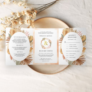 Boho Pampas Dried Palm All in One Wedding Tri-Fold Invitation