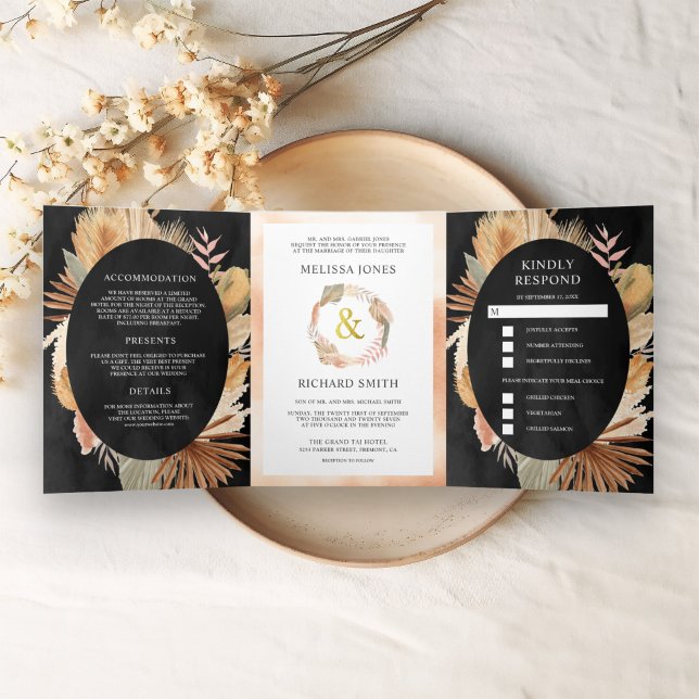 Boho Pampas Dried Palm Black All in One Wedding Tri-Fold Invitation (Creator Uploaded)