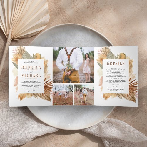 Boho Pampas Dried Palm Photo Collage Wedding Tri_Fold Invitation