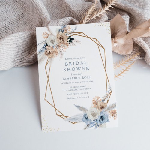 boho pampas dusty blue floral bridal shower invitation