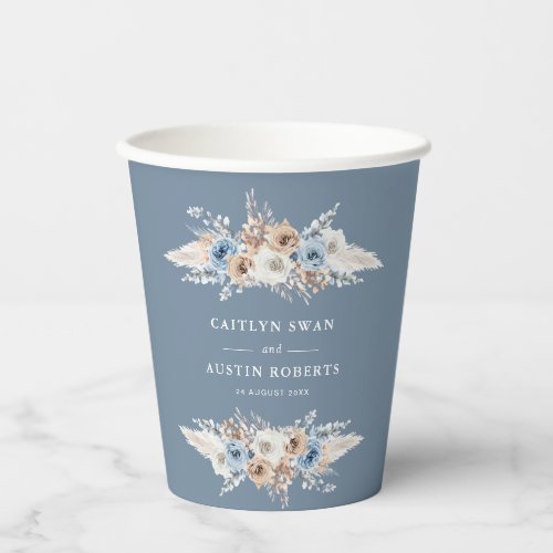 boho pampas dusty blue floral wedding paper cups