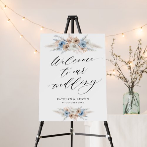 boho pampas dusty blue floral wedding welcome sign