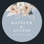 boho pampas dusty blue wedding classic round sticker<br><div class="desc">boho pampas dusty blue flowers. The text details and colors can be edited.</div>