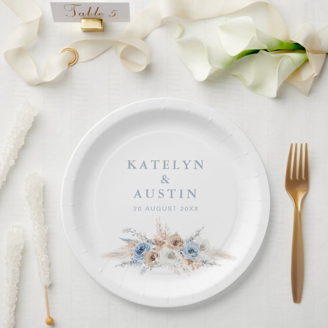 boho pampas dusty blue wedding paper plates (Wedding)