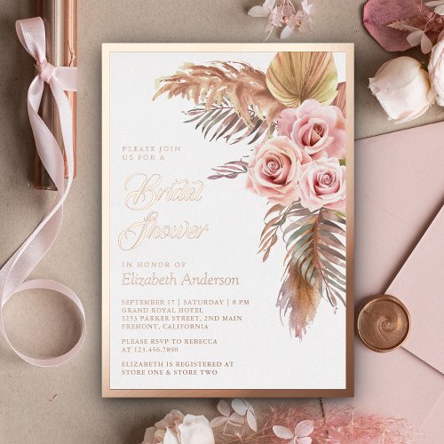 Boho Pampas Dusty Pink Bridal Shower Rose Gold Foil Invitation