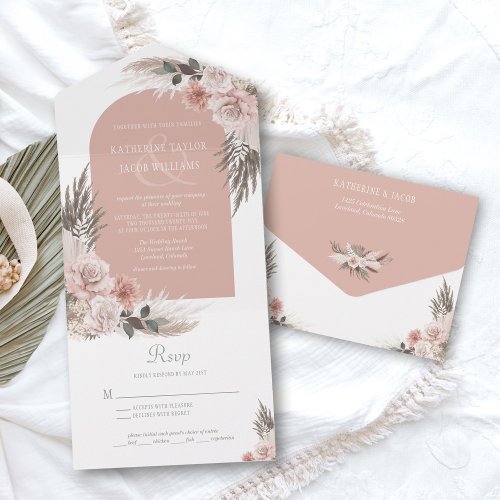 Boho Pampas Dusty Pink Floral Wedding All In One Invitation