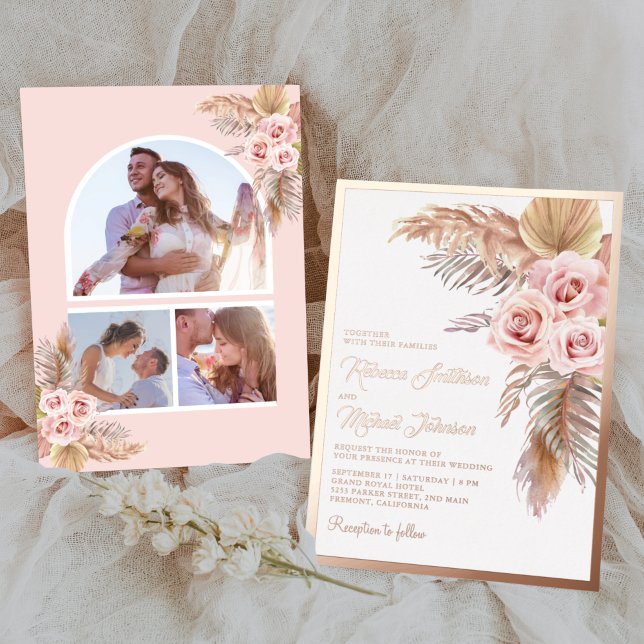 Boho Pampas Dusty Pink Rose Wedding Gold Foil Invitation (Creator Uploaded)