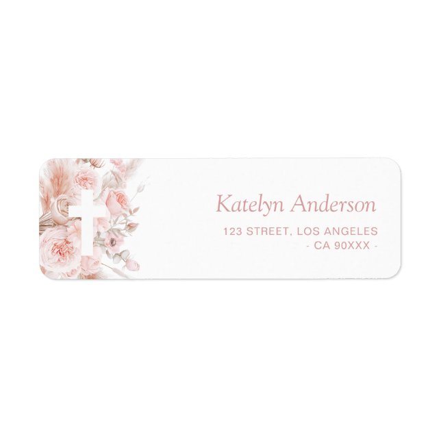 boho pampas dusty rose floral baptism address label (Front)