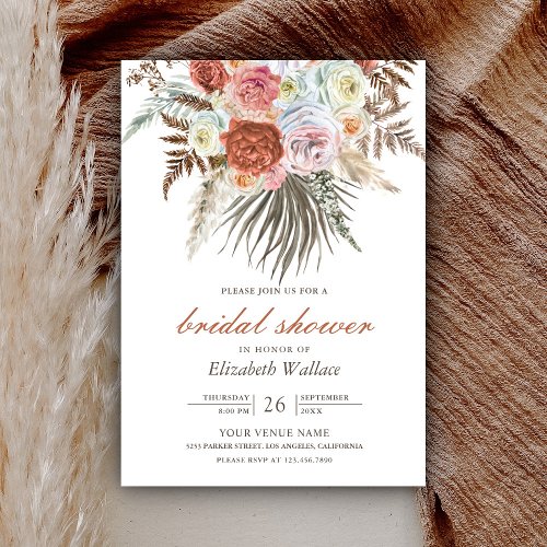 Boho Pampas Earthy Floral Terracotta Bridal Shower Invitation