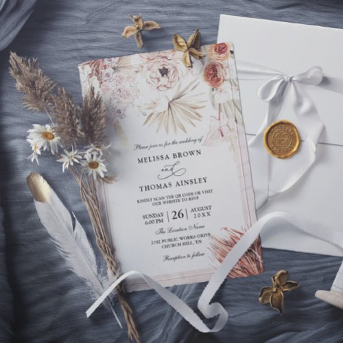Boho Pampas Elegant Budget Qr Code Wedding Invitation
