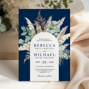 Boho Pampas Eucalyptus Arch Navy Blue Wedding Invitation