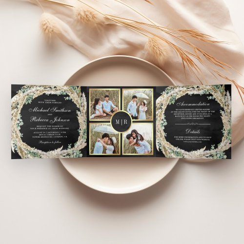 Boho Pampas Eucalyptus Wreath Black Wedding Tri_Fold Invitation