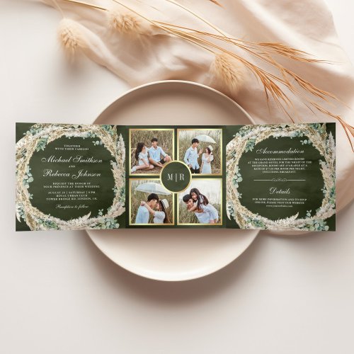 Boho Pampas Eucalyptus Wreath Sage Green Wedding Tri_Fold Invitation